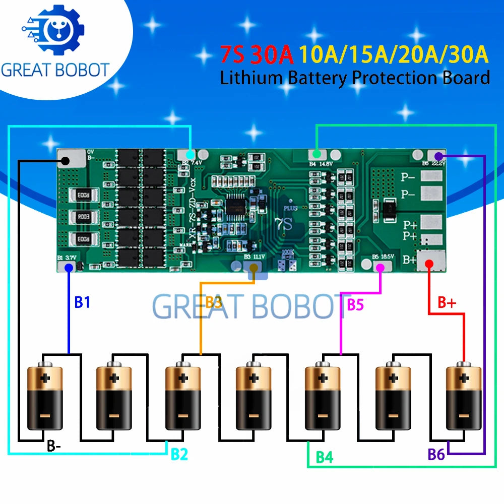 7S 24V BMS 10A–30A Li-ion Battery Protection Board w/ Balance Battery Management Board Axl