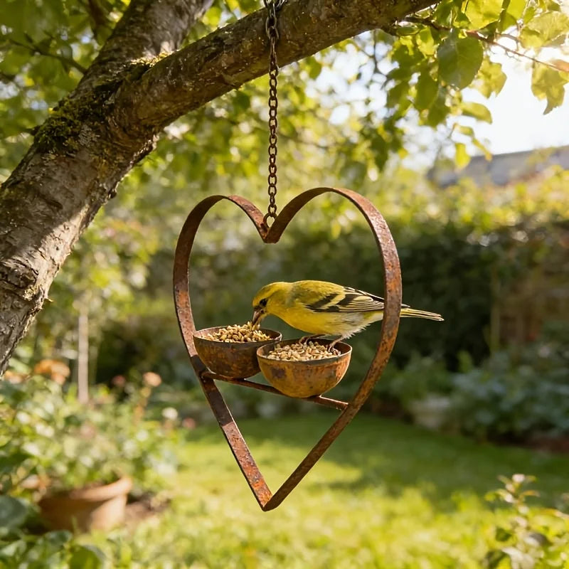 Rusty Metal Heart Double Bowl Bird Feeder – Vintage Garden Décor Bird Feeder Axl