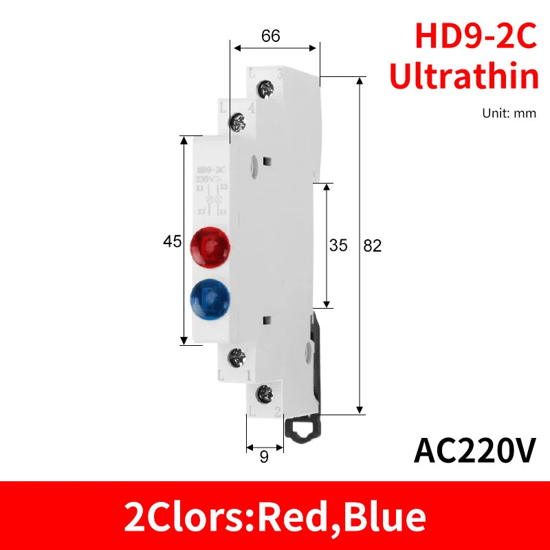 HD9 DIN Rail LED Signal Indicator Light 9mm 18mm 220V – 4 Colors LED Indicator Light Axl 2C-Red-Blue