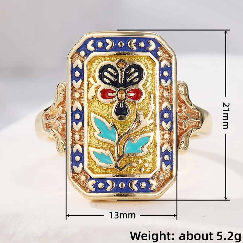 Huitan Gold Vintage Butterfly Floral Enamel Ring for Women Enamel Fashion Ring Axl