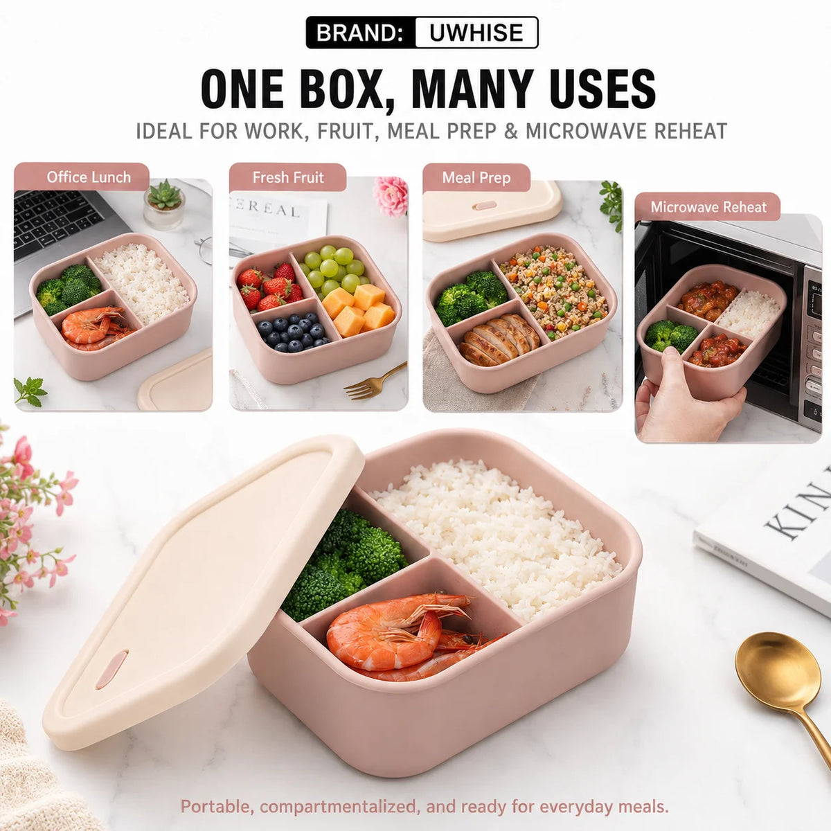 UWHISE Silicone Bento Box 3-Compartment Microwave Safe Lunch Box Silicone Lunch Box Axl
