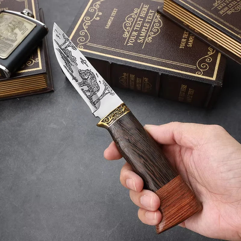 Fixed Blade Camping Knife – Engraved Stainless Steel & Wood Handle Fixed Blade Knife Axl