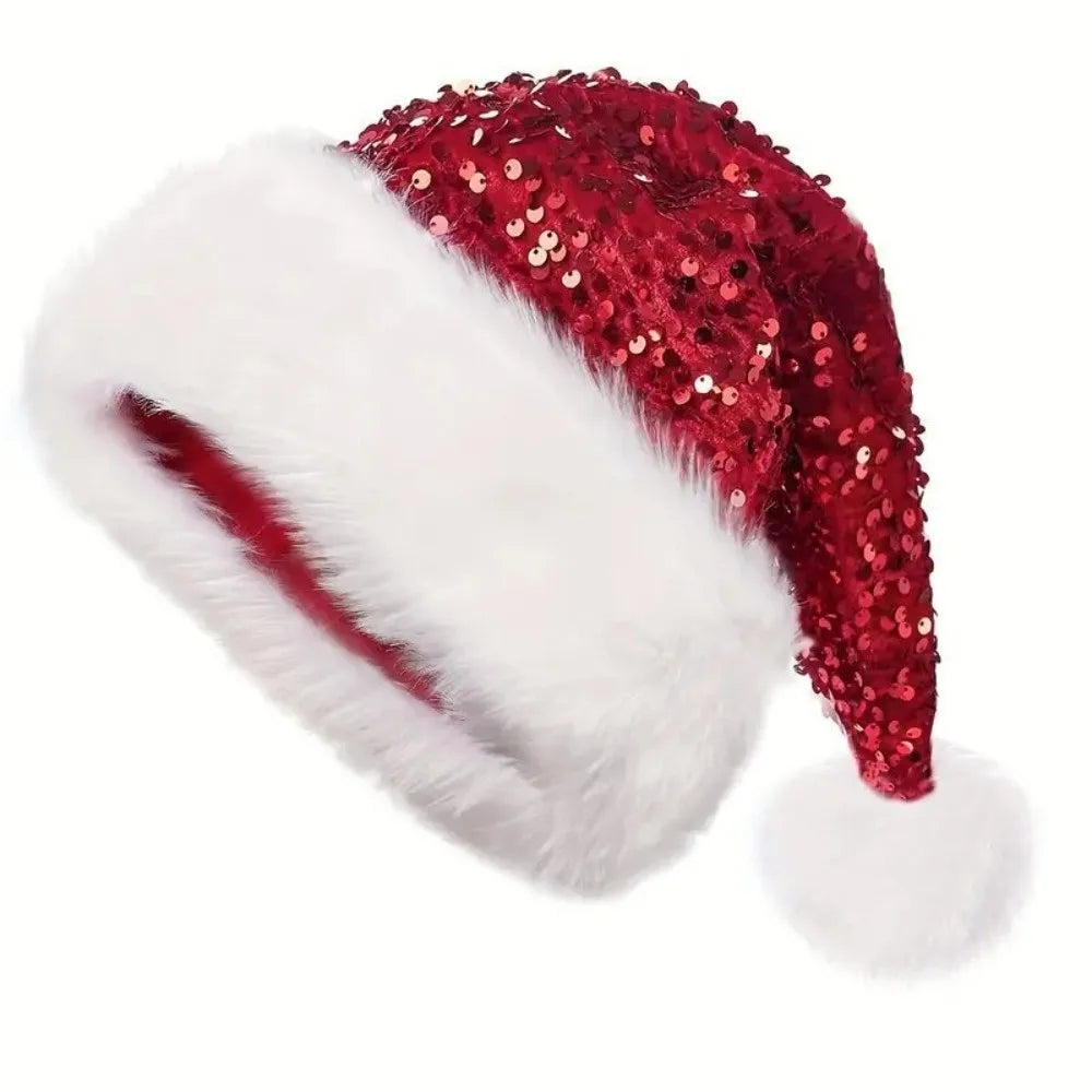 Red Glitter Sequin Santa Hat – Soft Velvet Unisex Xmas Cap Sequin Santa Hat Axl Red 45x32cm