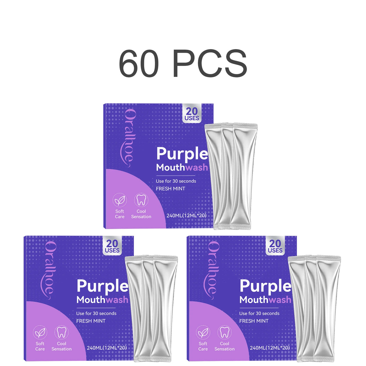 Purple Mouthwash Fresh Mint – 20 Travel Sachets No Alcohol Travel Mouthwash Axl 60 Piece One Unit adults