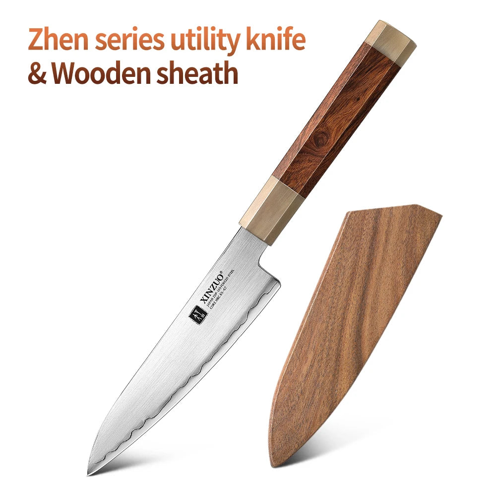 XINZUO 5.5" ZDP-189 Utility Knife – Ironwood & Bull Horn Handle Utility Kitchen Knife Axl with Wooden sheath