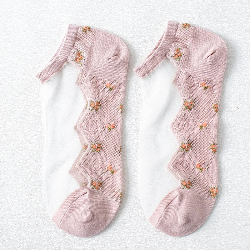 Women's Lace Floral Ankle Socks – 5 Pairs Breathable Cotton Women's Ankle Socks Axl pink One Size