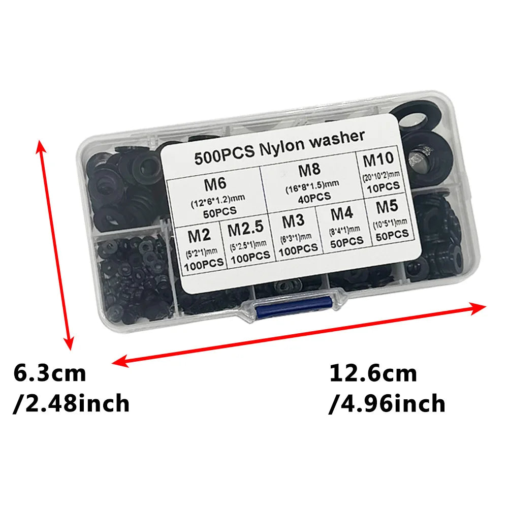 500 Pcs Nylon Flat Washer Kit M2–M10 | 8 Metric Sizes Nylon Washer Kit Axl
