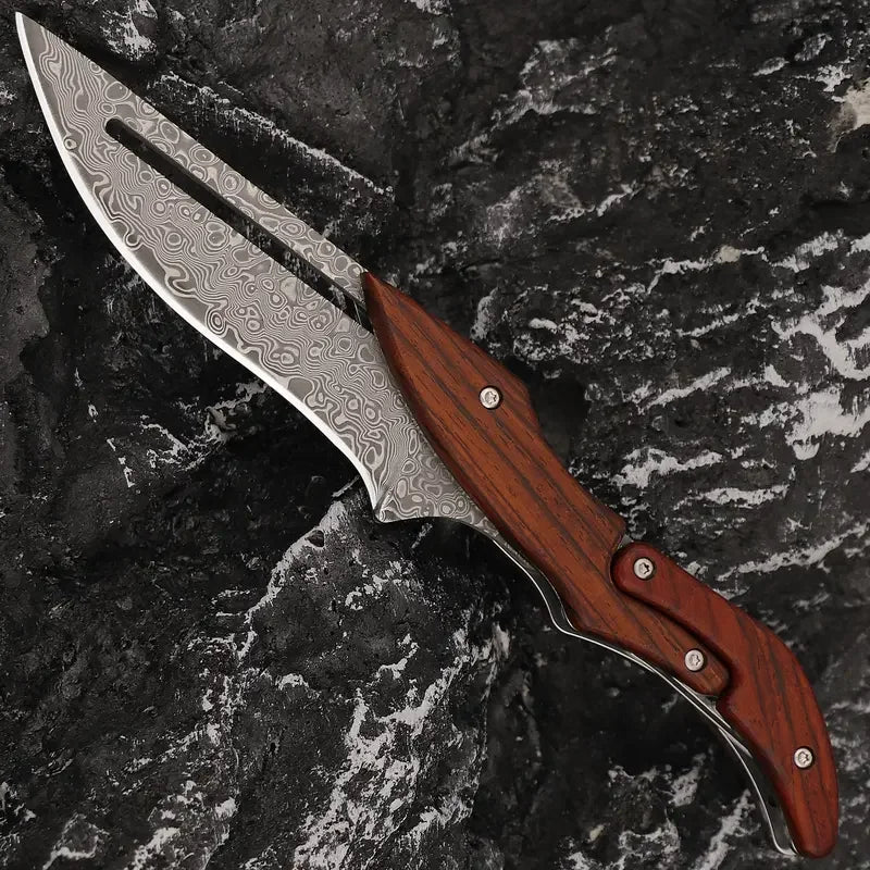 Damascus Steel Folding Pocket Knife – Wood Handle | 8.9" Blade Folding Pocket Knife Axl Brown