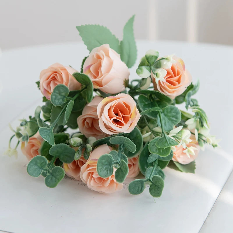 Artificial Silk Rose Bouquet | Eucalyptus Fall Home Decor Artificial Flower Bouquet Axl Champagne 1 PC