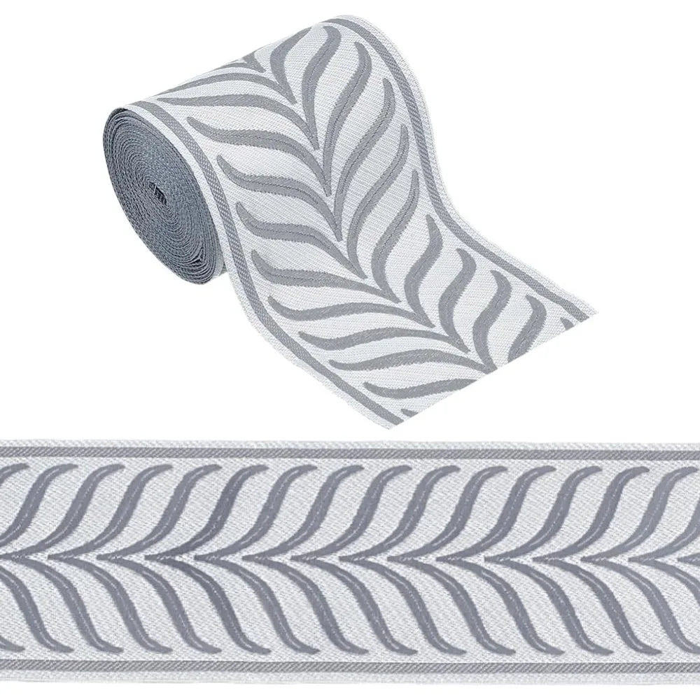 5M Jacquard Leaf Ribbon 86mm – Gray Polyester Curtain Trim Craft Ribbon Trim Axl