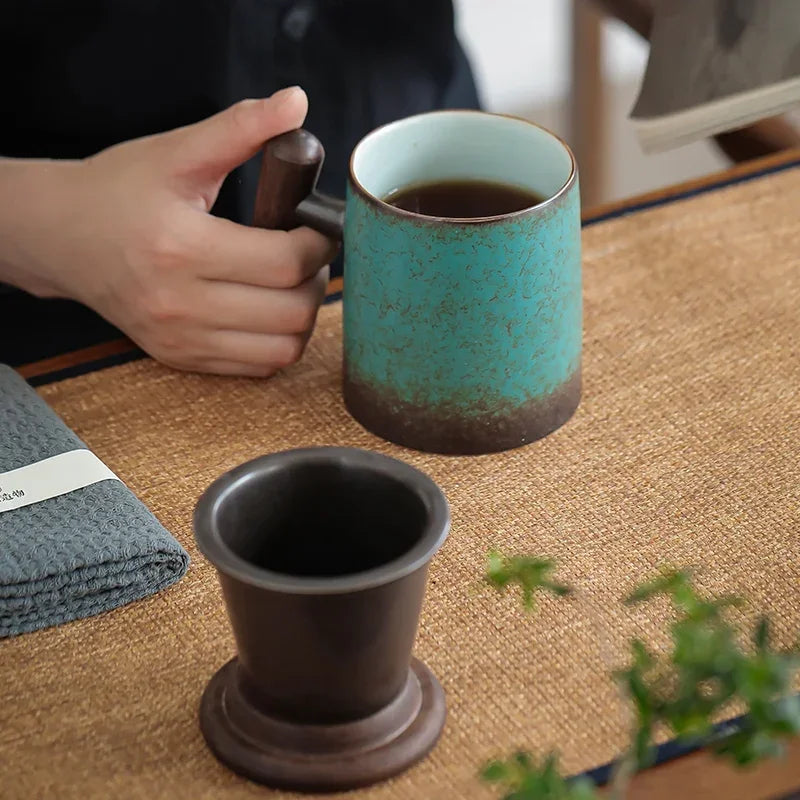 Retro Japanese Ceramic Mug with Lid & Wood Handle | Kiln Baked Ceramic Coffee Mug Axl