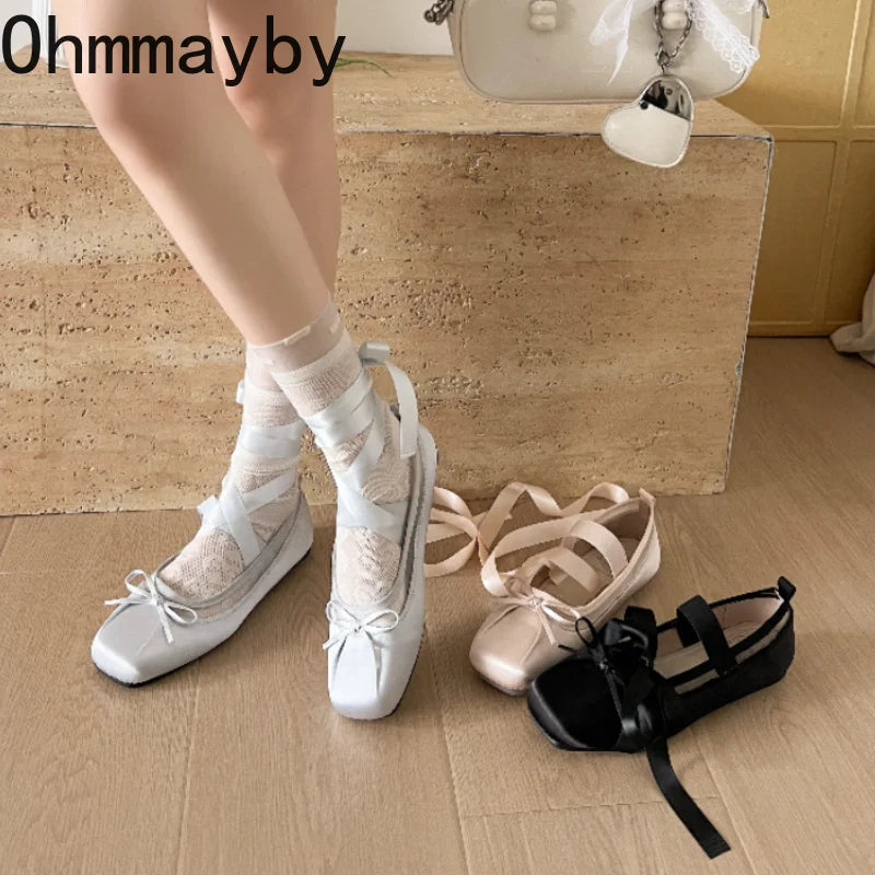 Satin Mary Jane Ballet Flats – Square Toe Butterfly-Knot Ballet Flats Axl