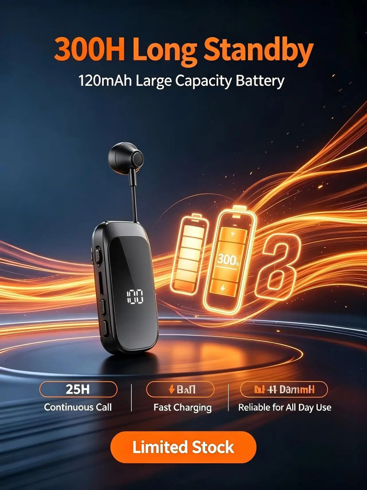 K30 Clip-On Bluetooth Earbud – Retractable Wire & Power Display Bluetooth Headset Axl