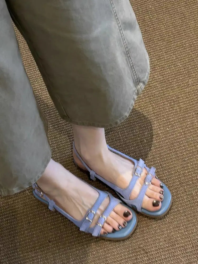 Women's Retro Square Toe Buckle Sandals – Roman Beach Flats Women's Flat Sandals Axl Blue 40