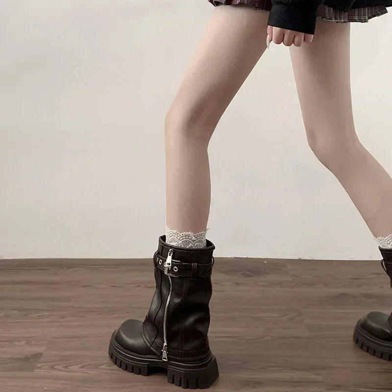 Women's Mid-Calf Platform Boots – Belt Buckle Knight Booties Women's Platform Boots Axl