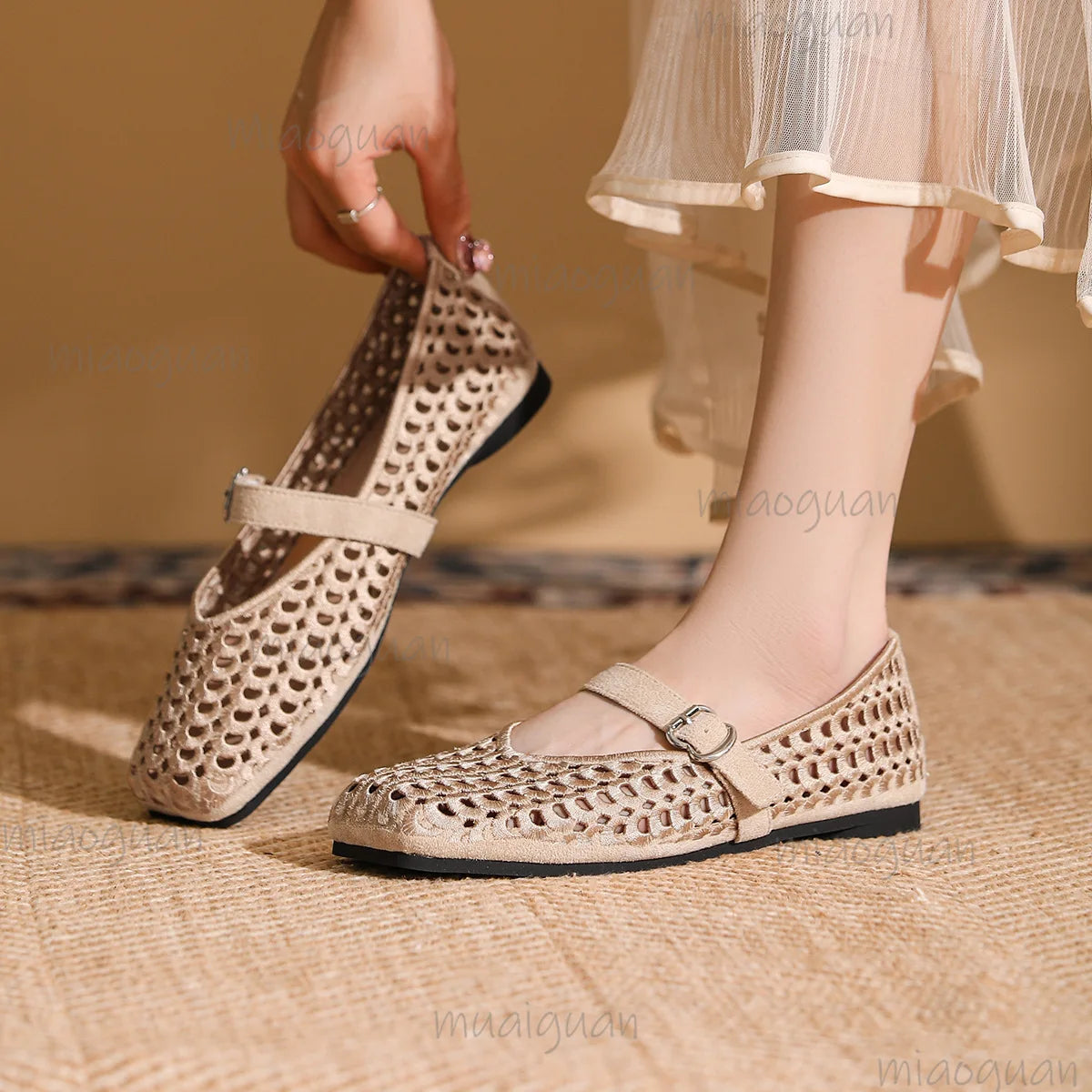 Women's Mesh Weave Mary Jane Flat Sandals – Buckle Strap Women's Flat Sandals Axl