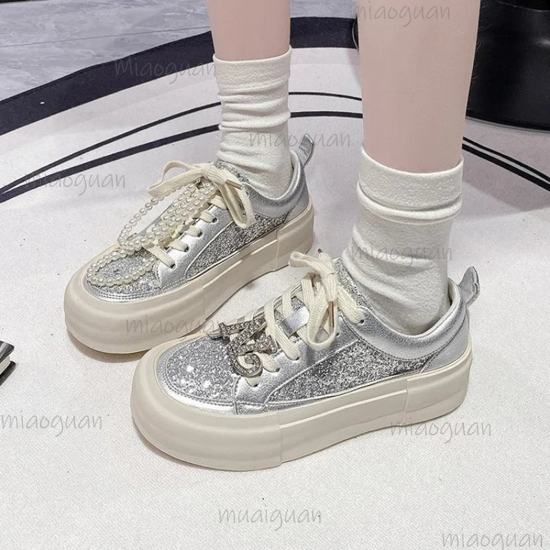 Pearl Decor Women's Sneakers – 4CM Thick Sole, Breathable Women's Sneakers Axl