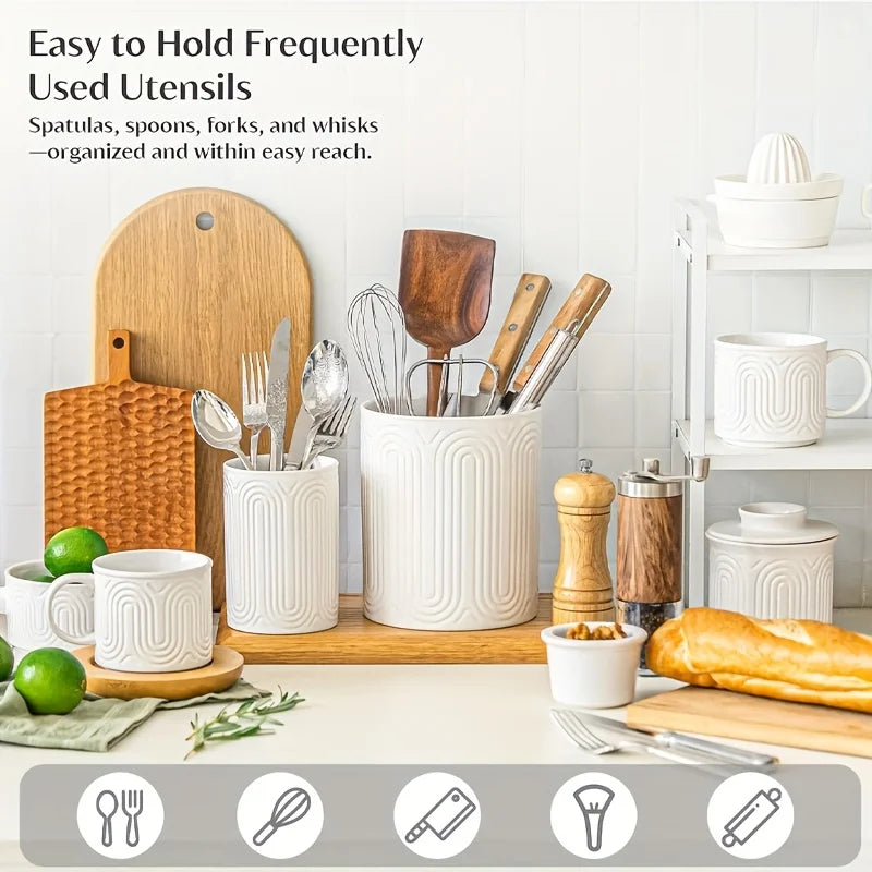 KEMORELA White Ceramic Utensil Holder | Kitchen Countertop Organizer Utensil Holder Axl