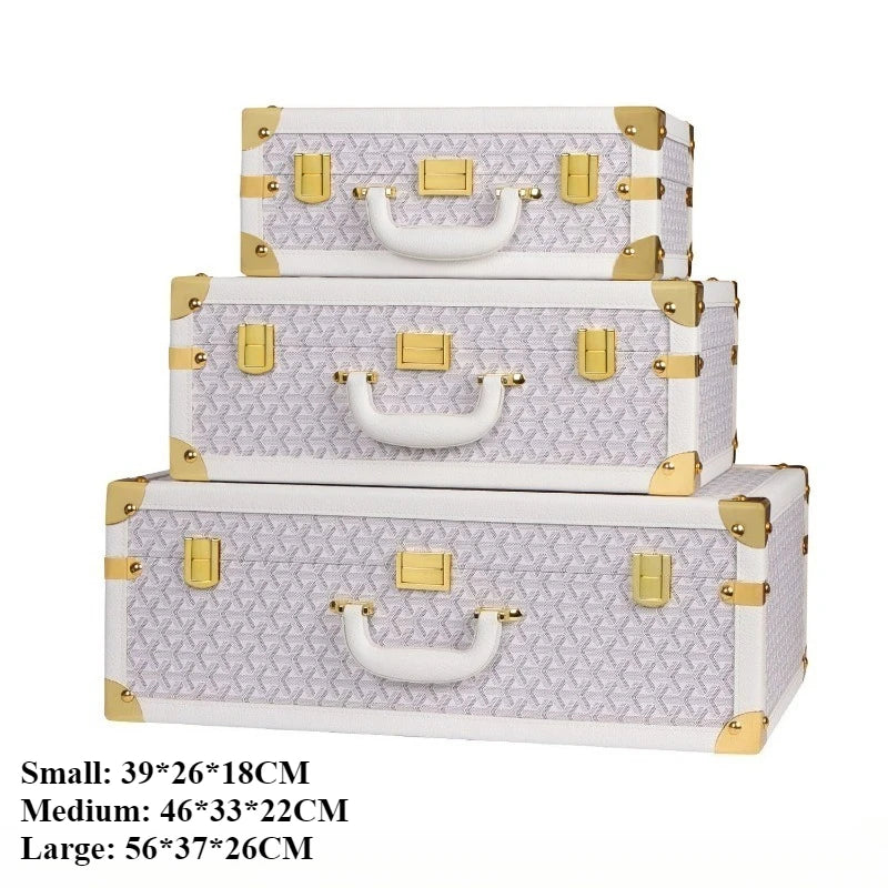 Retro Leather Storage Box Set – S/M/L Lidded Home Organizer Decorative Storage Box Axl White Handle Style