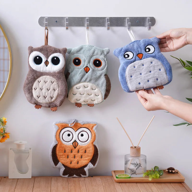 Owl Hanging Hand Towel – Ultra Soft Coral Fleece, Non-Shedding Hanging Hand Towel Axl