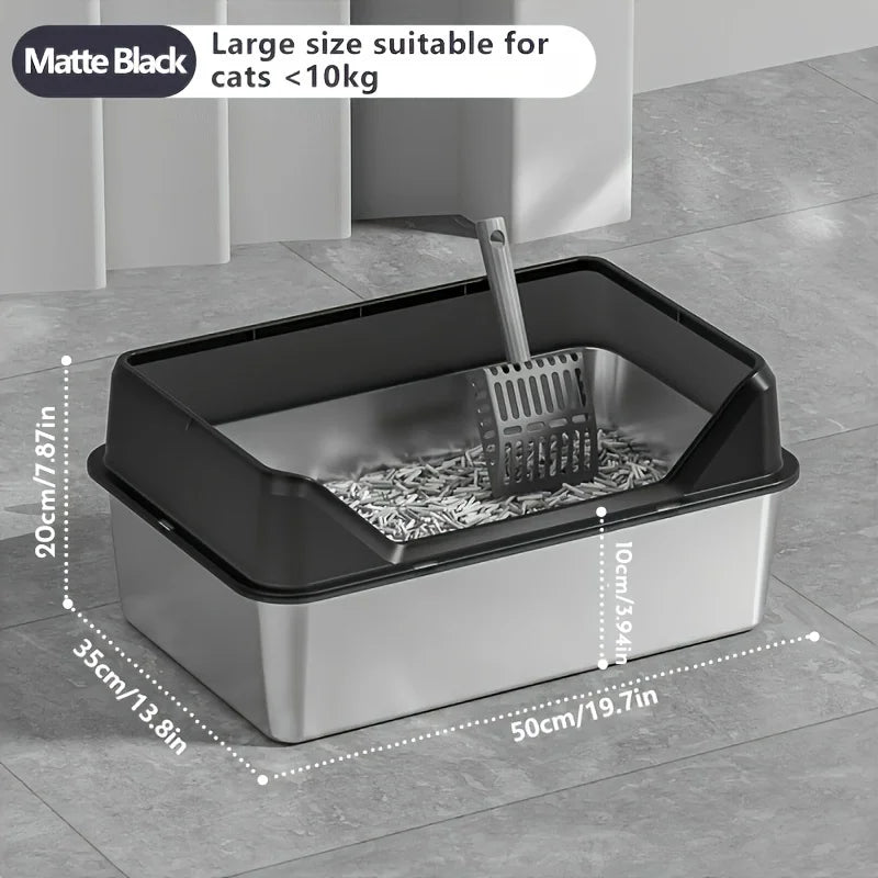 KEMORELA XL Stainless Steel Cat Litter Box with Lid & Scoop Cat Litter Box Axl Matte Black 50cm