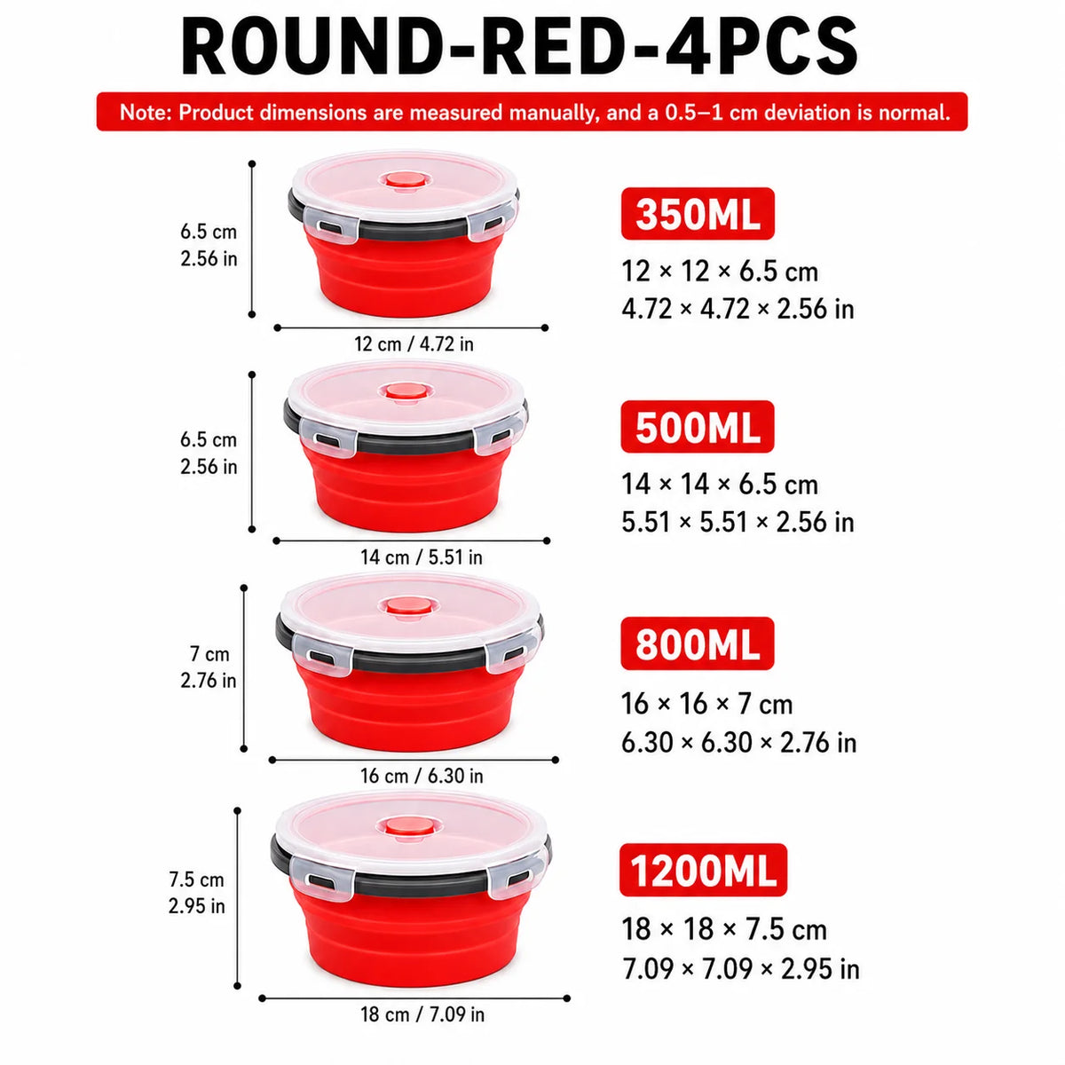 Uwhise 4-Size Collapsible Silicone Bento Lunch Box Set Silicone Food Containers Axl Round-Red-4Pcs