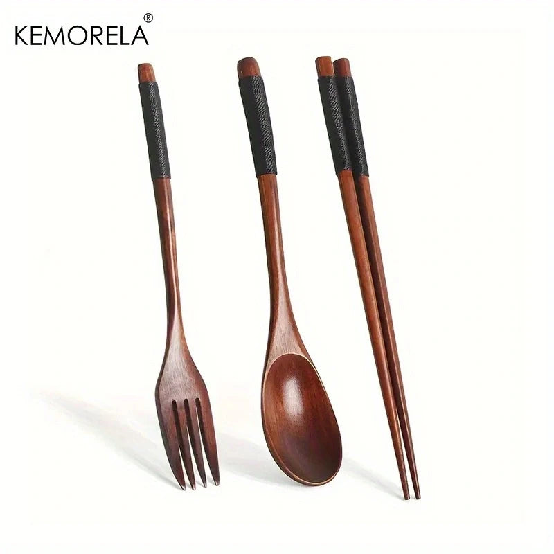KEMORELA 3-Piece Wooden Chopsticks Fork Spoon Set | Travel Wooden Cutlery Set Axl BLACK-3PCS