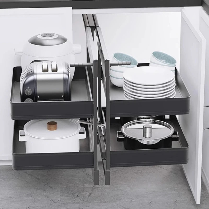 Corner Pull-Out Basket – Double Layer Space Aluminum Kitchen Rack Corner Cabinet Basket Axl