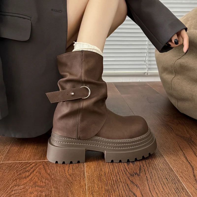 Women's Vintage Platform Knight Boots – Belt Buckle Zip Platform Boots Axl