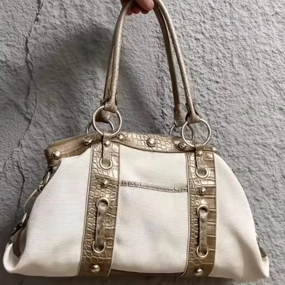 Y2K Patchwork Shoulder Bag – Large Canvas Tote for Women Shoulder Tote Bag Axl Beige