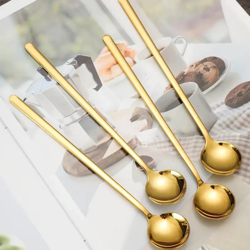 4-Piece Golden Long Handle Stainless Steel Coffee & Tea Spoons Kitchen Spoon Set Axl