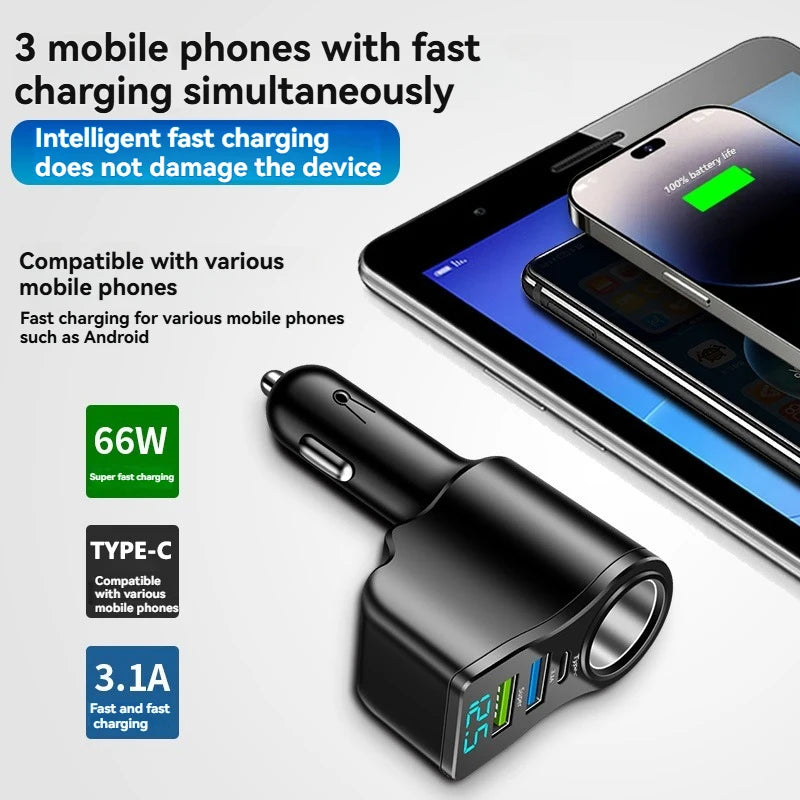 66W Dual USB Car Charger with Digital Display | 3-in-1 Car Charger Axl