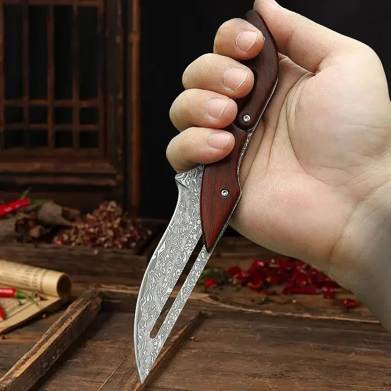 Damascus Steel Folding Pocket Knife – Wood Handle | 8.9" Blade Folding Pocket Knife Axl