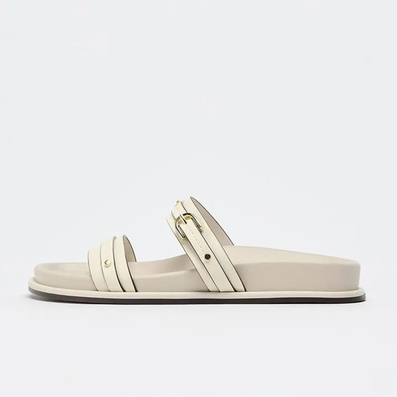 Women's Metal Buckle Flat Slide Sandals | Non-Slip Beach Slippers Flat Slide Sandals Axl