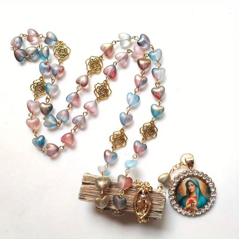 Catholic Rosary Necklace – Virgin Mary Cross & Crystal Beads Rosary Necklace Axl