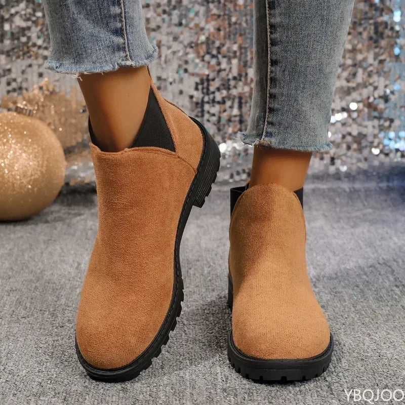 Women's Chunky Heel Suede Ankle Boots – Round Toe Slip-On Ankle Boots Axl