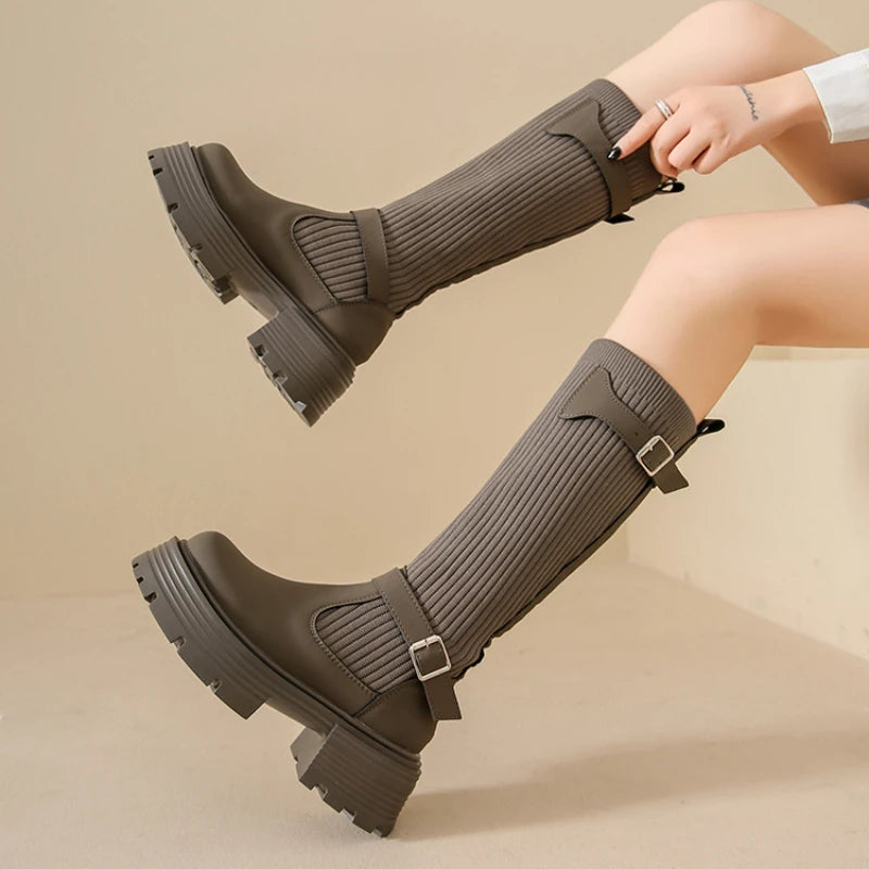 Women's Knitted Knee-High Boots – Retro Elastic Thick-Sole Knee-High Boots Axl