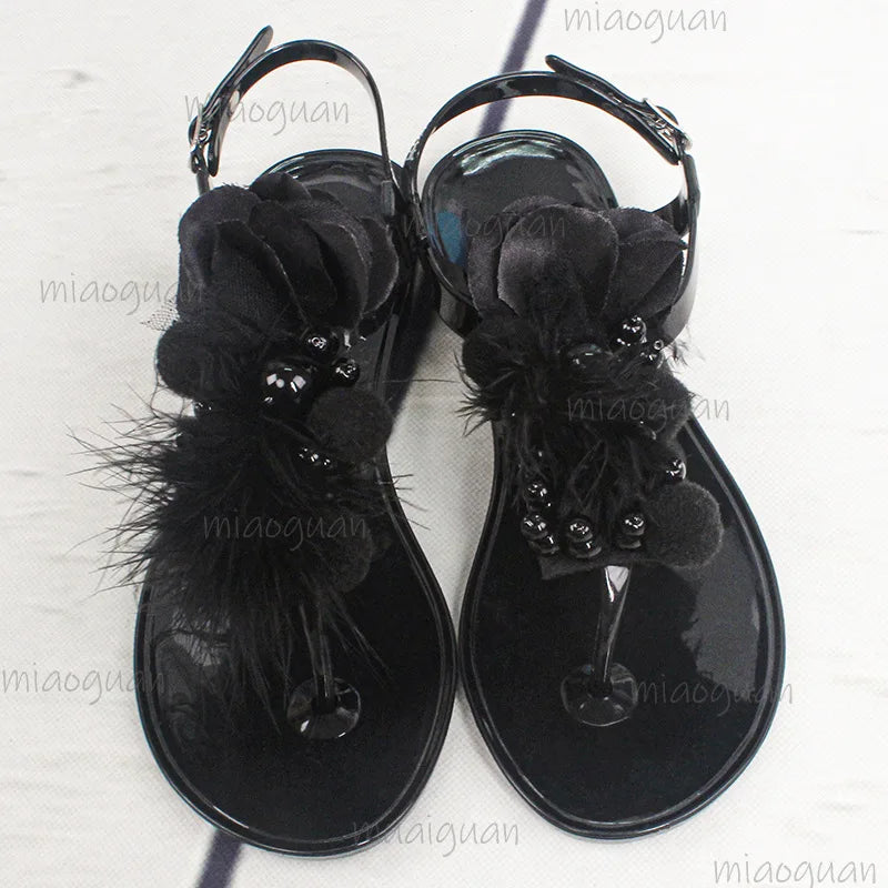 Women's Crystal Jelly Sandals – Bead Flower Clip-Toe Flats Jelly Flat Sandals Axl
