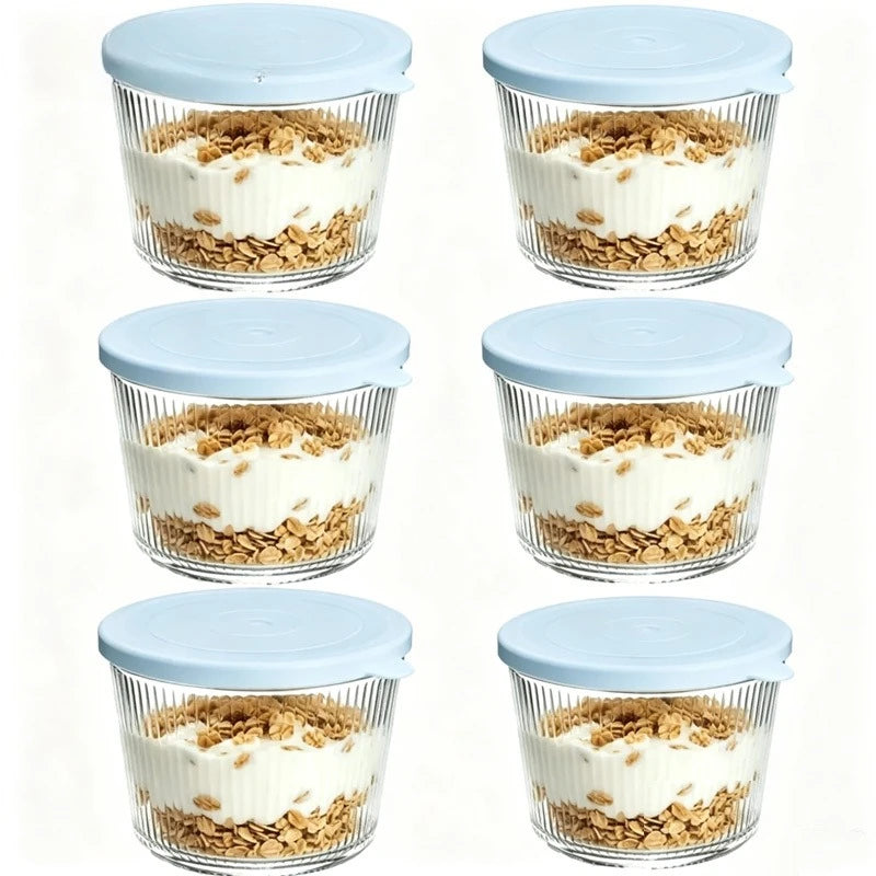 KEMORELA Glass Bowls with Lids – Stackable Striped Set Glass Storage Bowls Axl 6PCS Blue