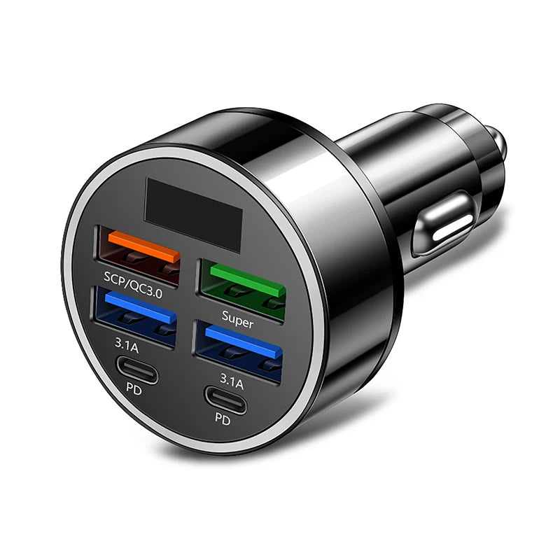 100W 6-Port USB-C Car Charger with Voltage Display Car USB Charger Axl