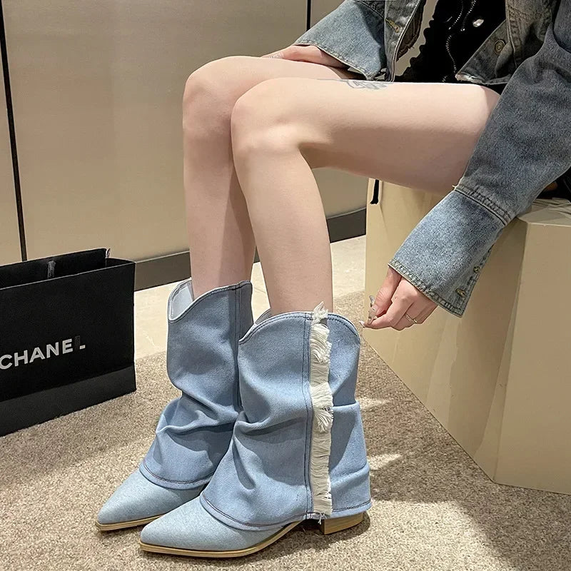 Pleated Blue Denim Chelsea Boots – Women's Square Heel Slip-On Women's Chelsea Boots Axl
