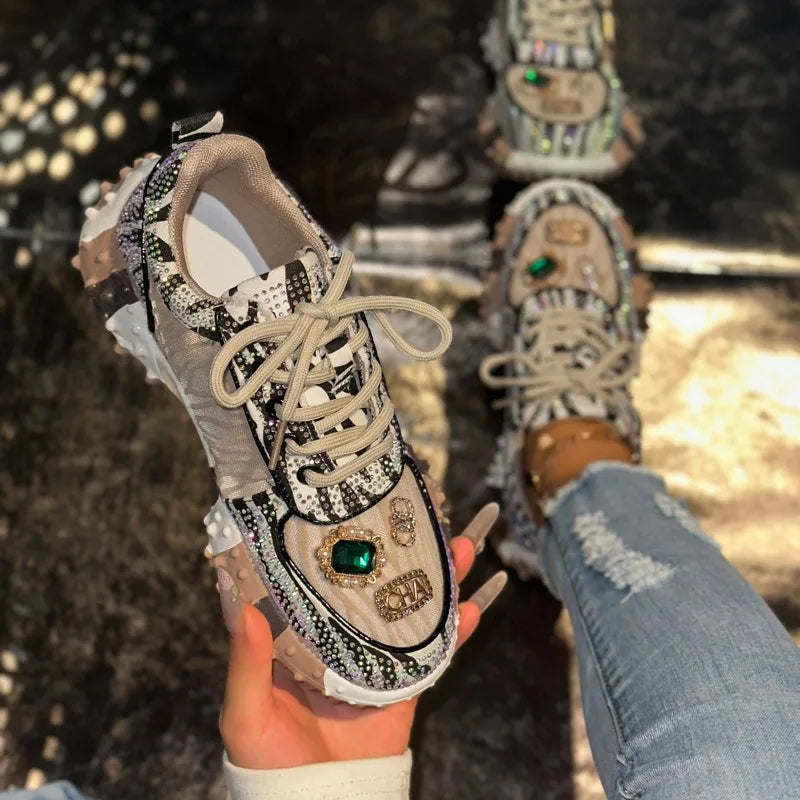 YEAE Women's Rhinestone Diamond Platform Sneakers | Luxury Casual Platform Sneakers Axl