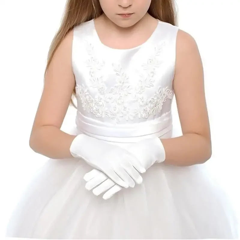 White Satin Kids Gloves – Flower Girl Wedding & Party Gloves Kids Formal Gloves Axl