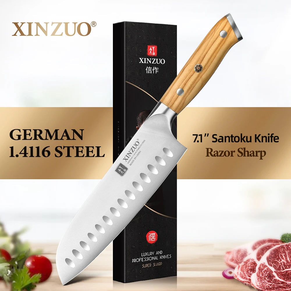 XINZUO 7.1" Santoku Knife – German Steel & Olive Wood Handle Santoku Knife Axl China Mainland