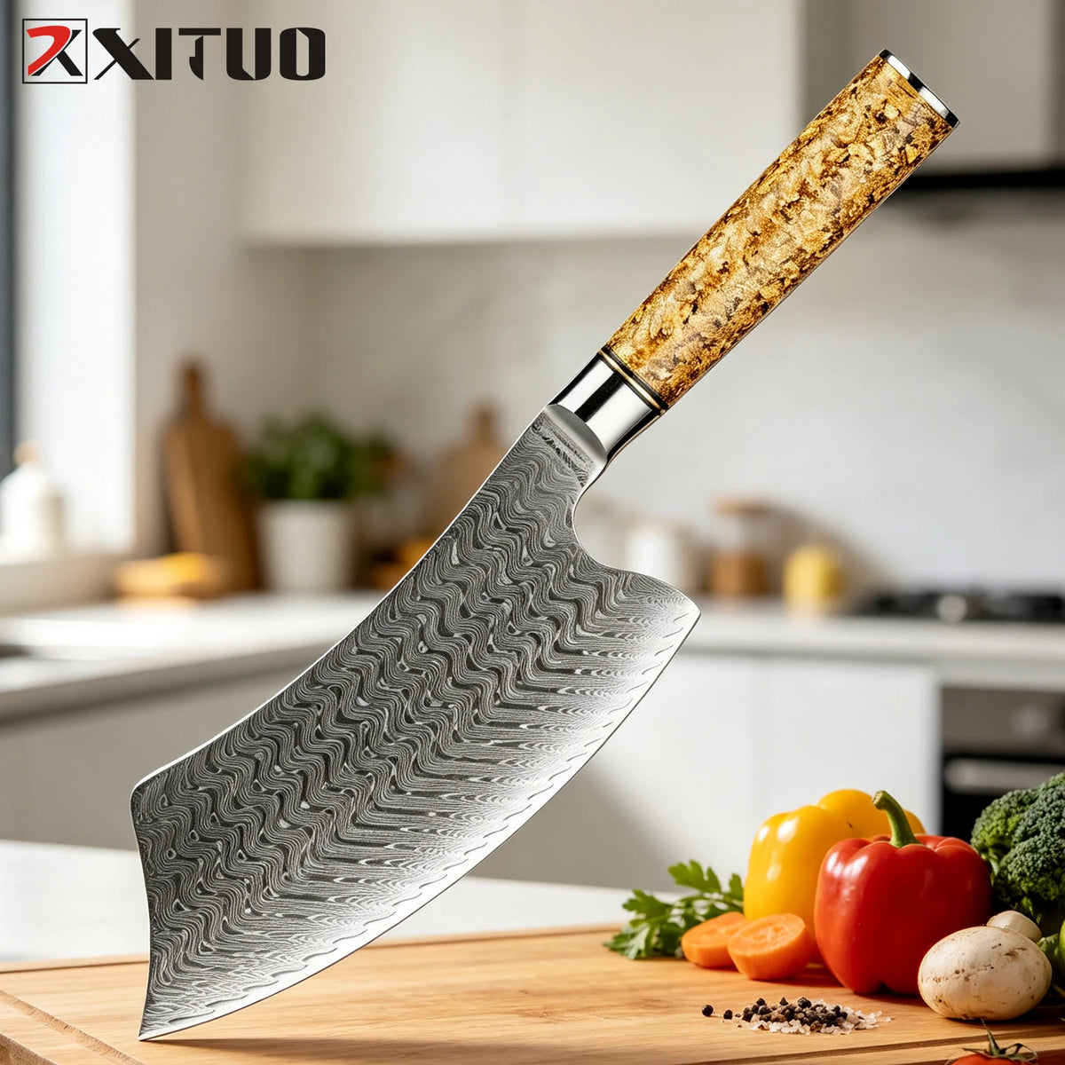XITUO 7" Damascus Steel Cleaver Knife – Resin Handle Damascus Cleaver Knife Axl Cleaver