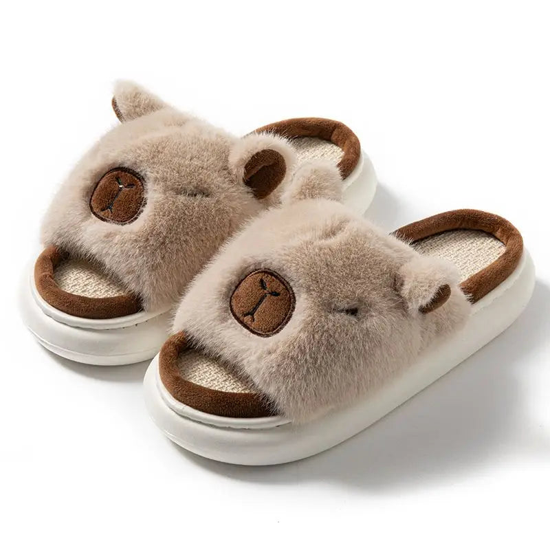 Women's Fluffy Faux Fur Animal Slippers – Open Toe Indoor Slides Faux Fur Slippers Axl Khaki 36-37