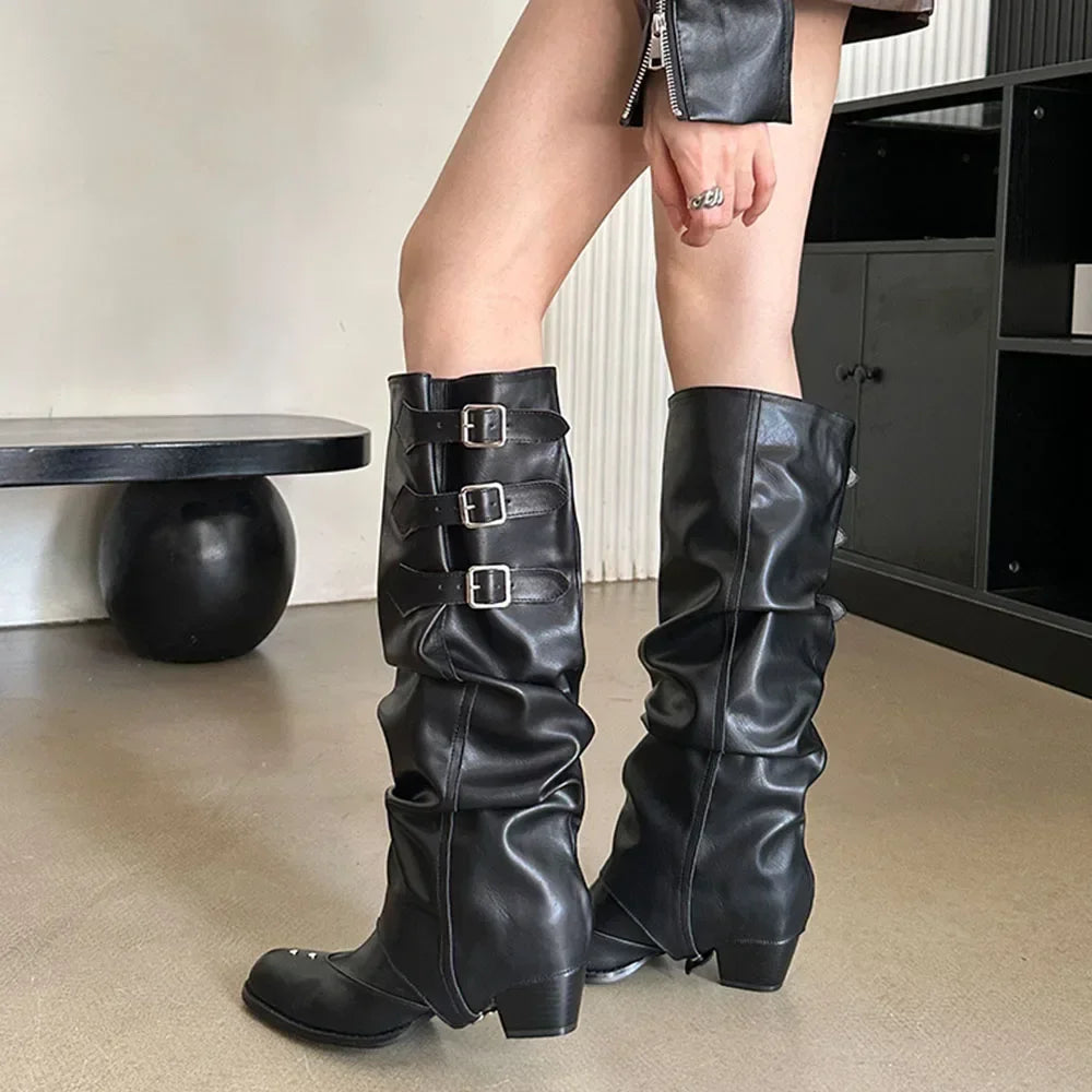 Women's Punk Gothic Knee-High Boots – Black Rivet Moto Style Knee-High Boots Axl black 40