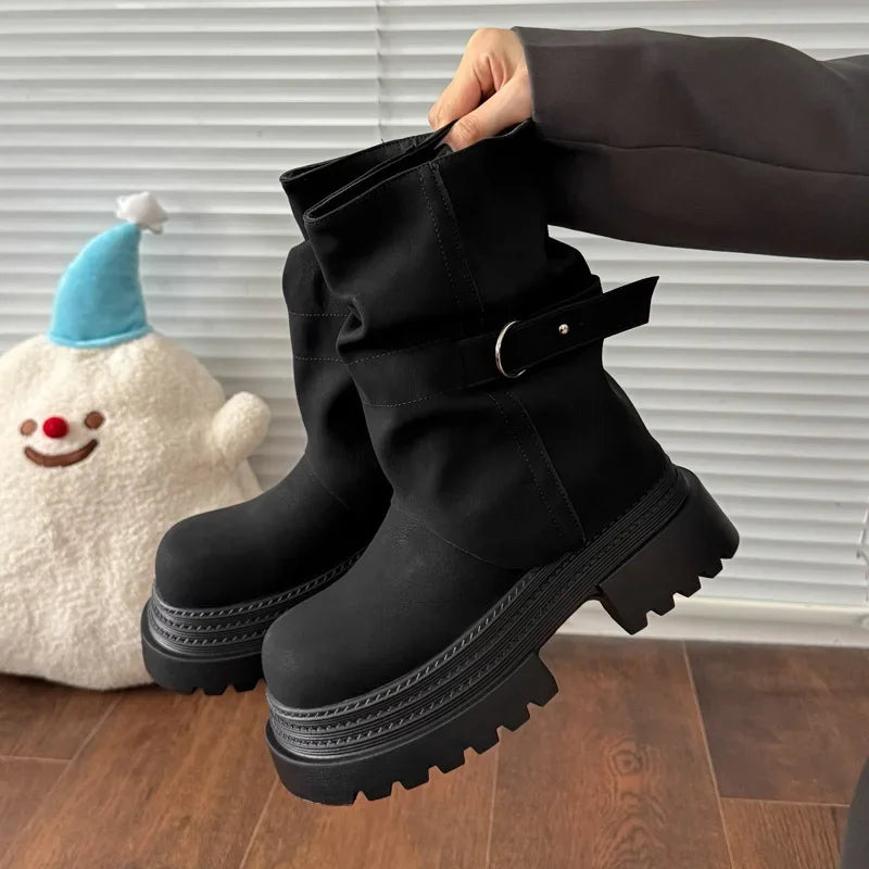 Women's Vintage Platform Knight Boots – Belt Buckle Zip Platform Boots Axl Black 37