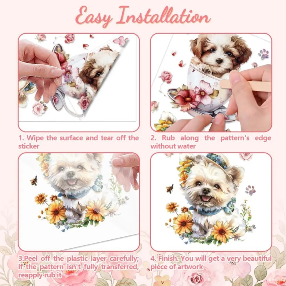 Rub-On Transfer Decals Dogs & Flowers 6×12" 3-Pack UV DTF Craft Transfer Decals Axl