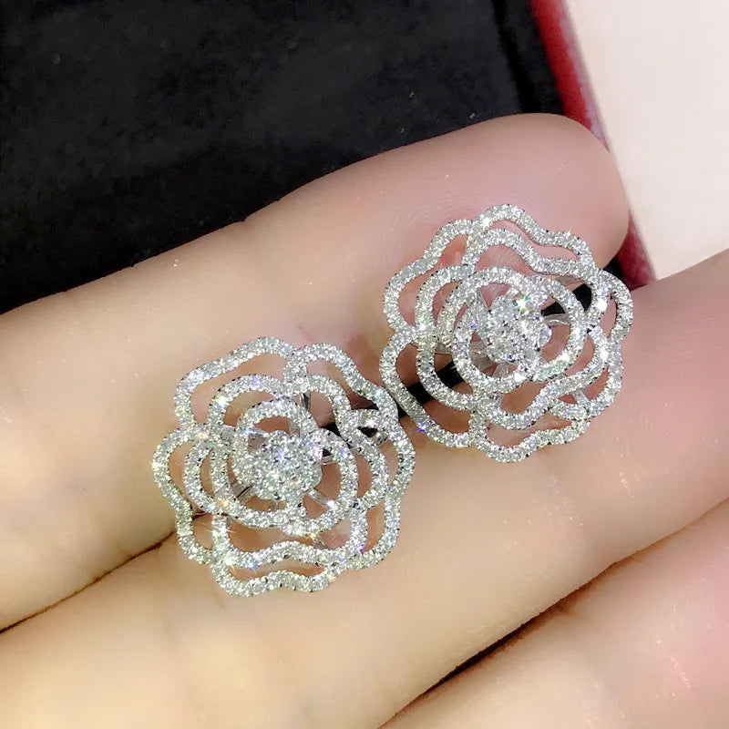 Huitan Camellia Flower CZ Crystal Stud Earrings – Silver CZ Stud Earrings Axl